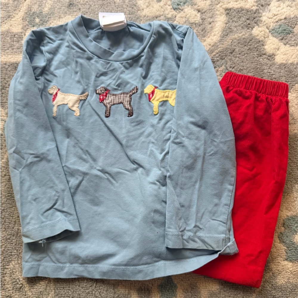 Kids Long Sleeve Dog Print Shirt and Pants Set - Blue and Red